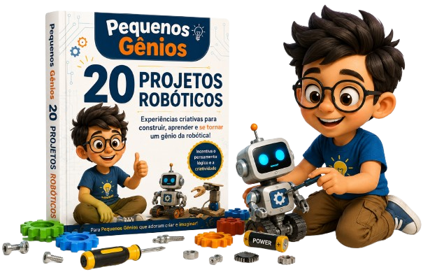 Guia Pequenos Gênios com 20 projetos robóticos, ao lado de uma criança montando um robô
