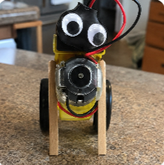 Robô com motor, olhos móveis e rodas, montado com material simples